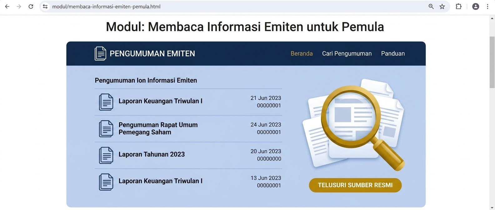 Layar situs pengumuman emiten dengan ikon dokumen keuangan