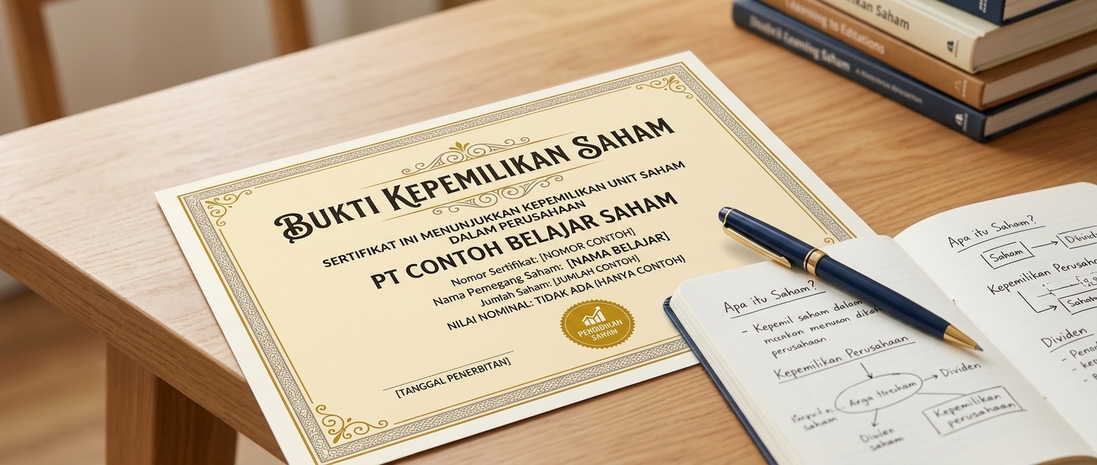 Ilustrasi sertifikat saham sederhana di atas meja belajar pemula